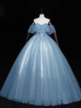 Picture of Blue Off-the-Shoulder Sequin Tulle Lace Sleeveless Lone Prom Dress,Sweet 16 Gown